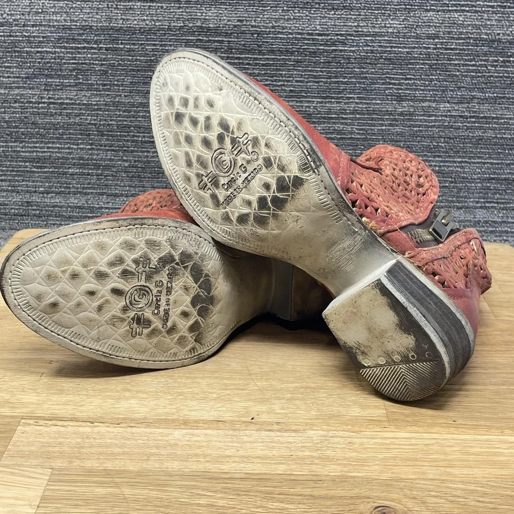 Circle G Corral Western Boots Women 8 Red Leather Laser Cut Ankle‎ Zip Bootie